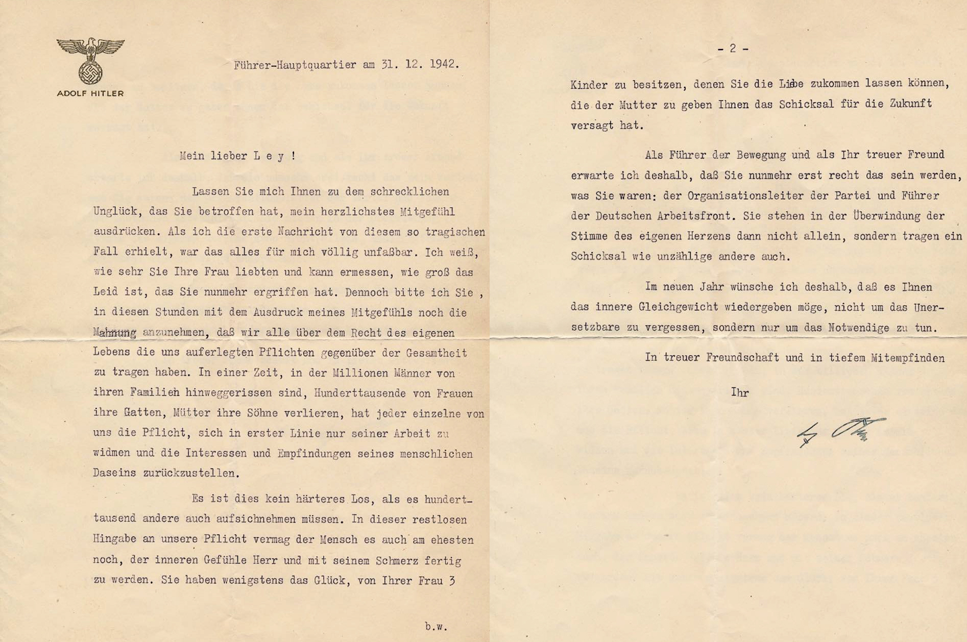 Adolf Hitler sends a condolences letter to Robert Ley after the suicide of his wife Inge